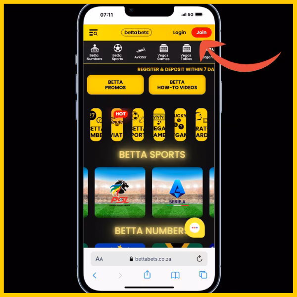 Bettabets site - red arrow pointing to red join button on the site 