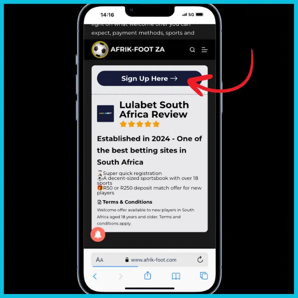 red arrow pointing to sign up here on the lulabet review page from the afrik-foot site. 