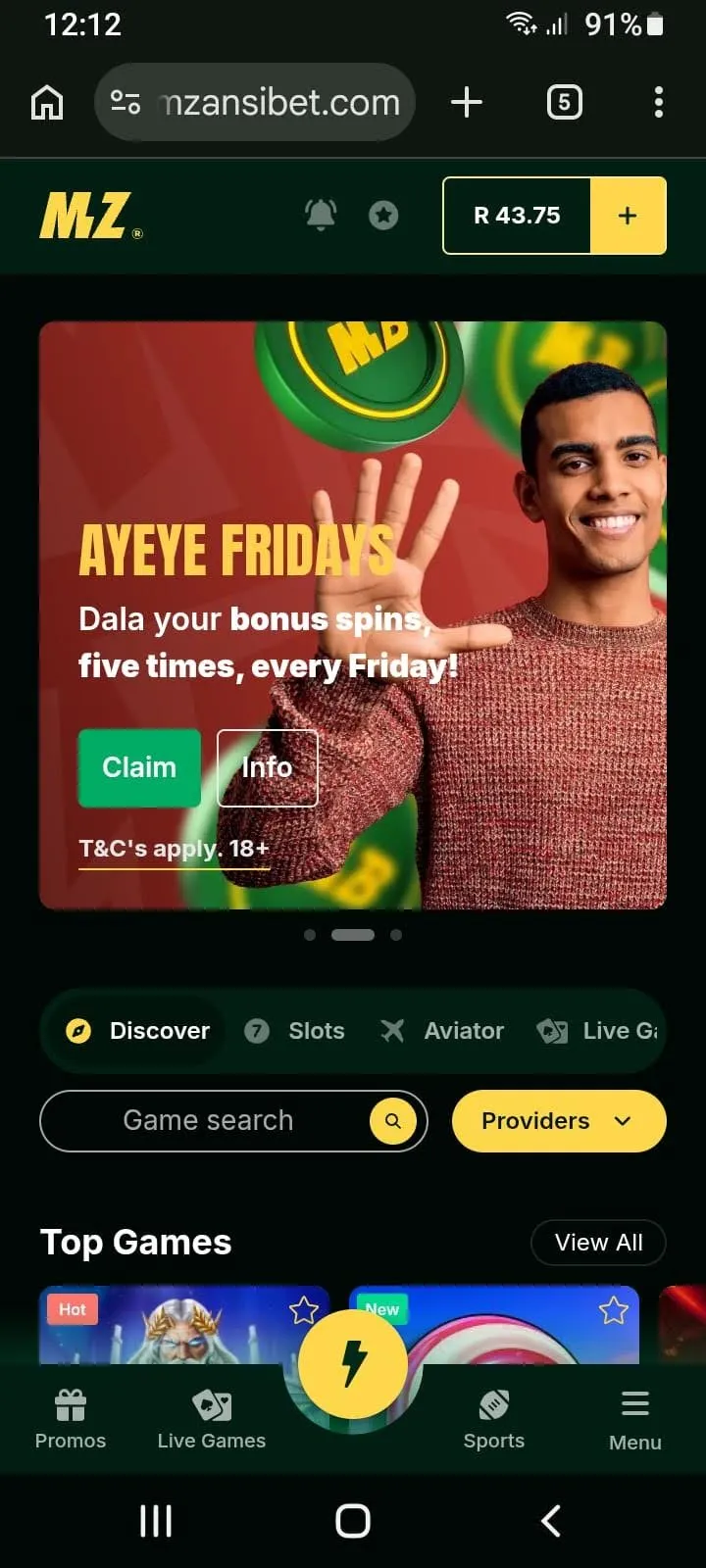 Mzansibet mobile gaming homescreen on Google Chrome
