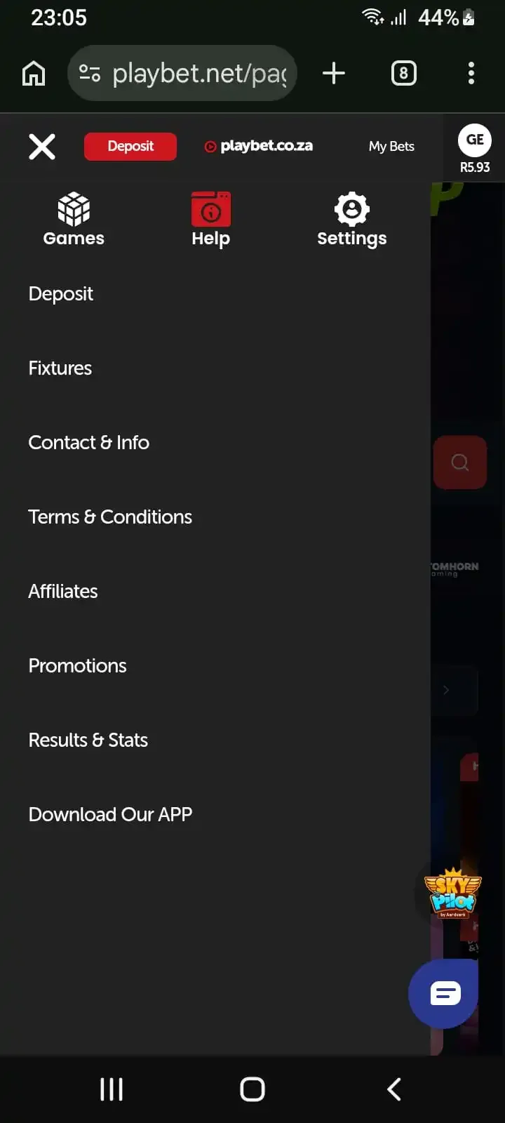 Playbet navigation drawer highlighting Download Our APP option.

