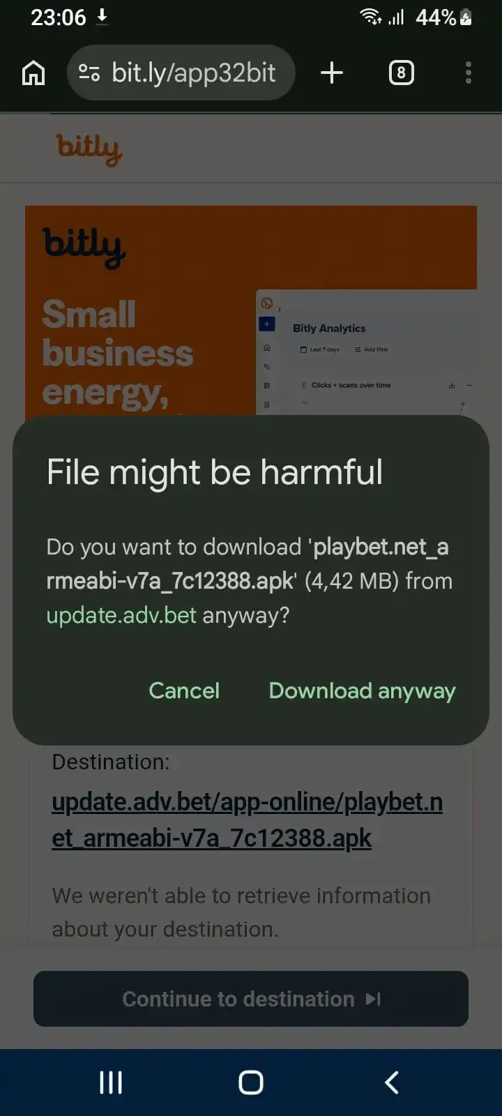 Android browser warning prompt for APK download with Download anyway button.  