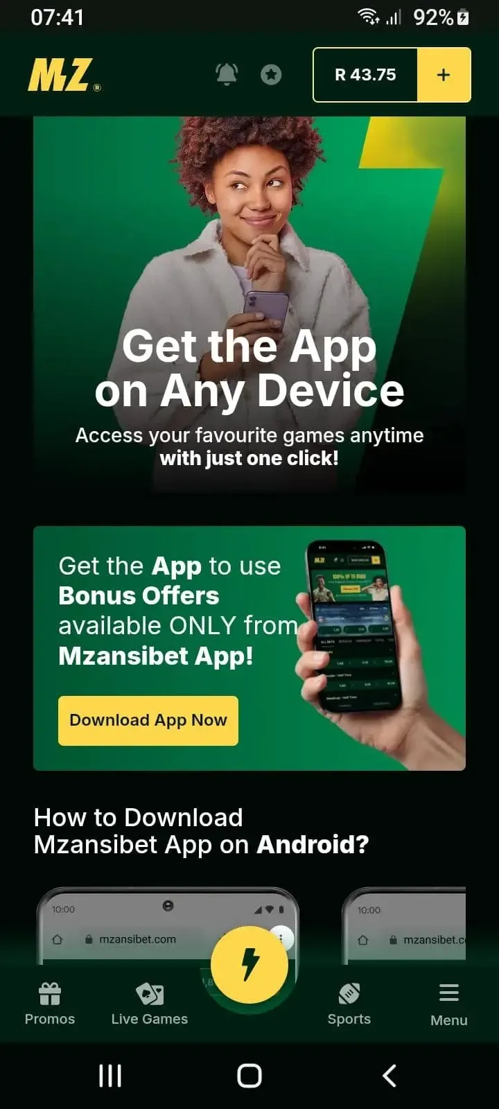 Mzansibet app download download page for Android.