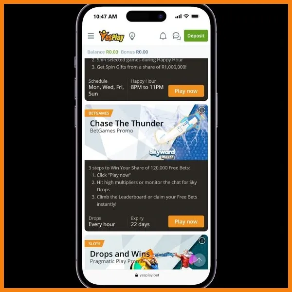 Chase The Thunder promotional banner on the Yesplay mobile site offering over 120,000 free bets.