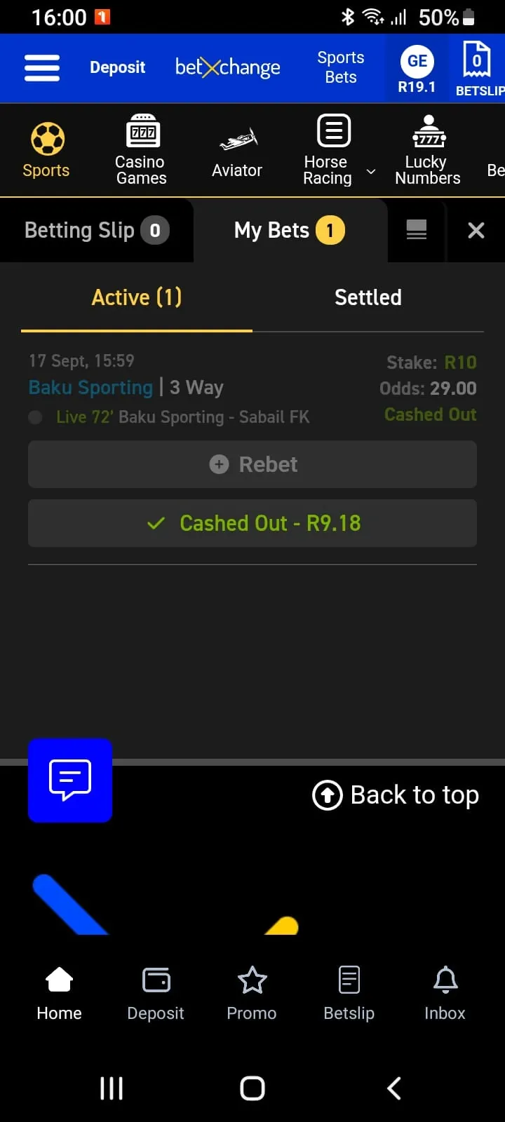 BetXchange mobile app My Bets tab showing a successful early cash out settlement of R9.18 on a live soccer match bet.