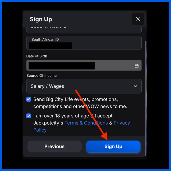 Finalise Jackpot City sign up