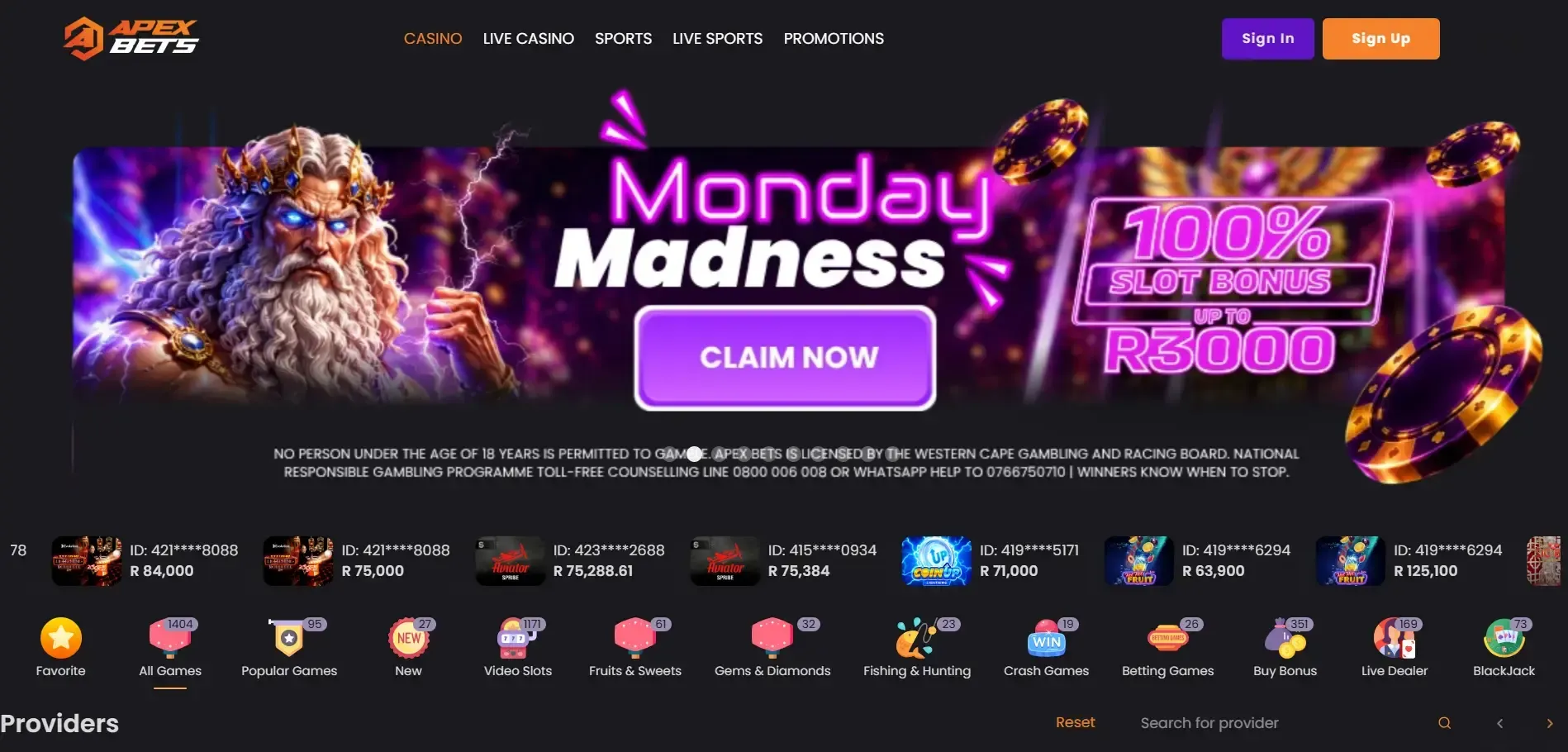 Screenshot of Apexbets Casino, the most recent new online casino in South Africa.