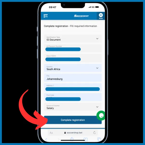 Entering personal details and red arrow pointing to complete registration button on Soccershop site