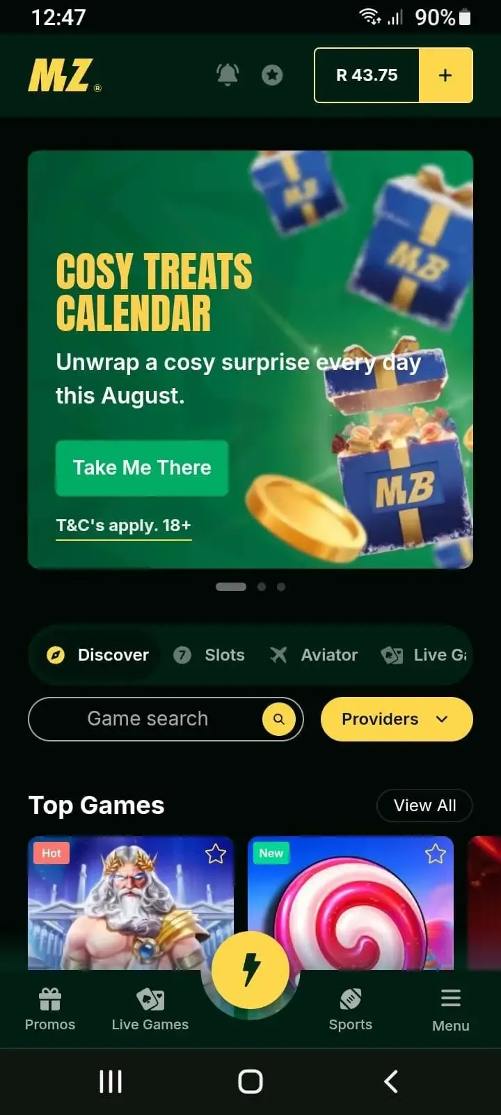 Mzansibet app landing page showing gaming section