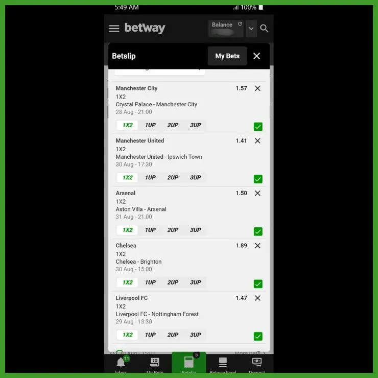 Betway accumulator betslip showing 5 Premier League selections for the second week of the 26/27 season.