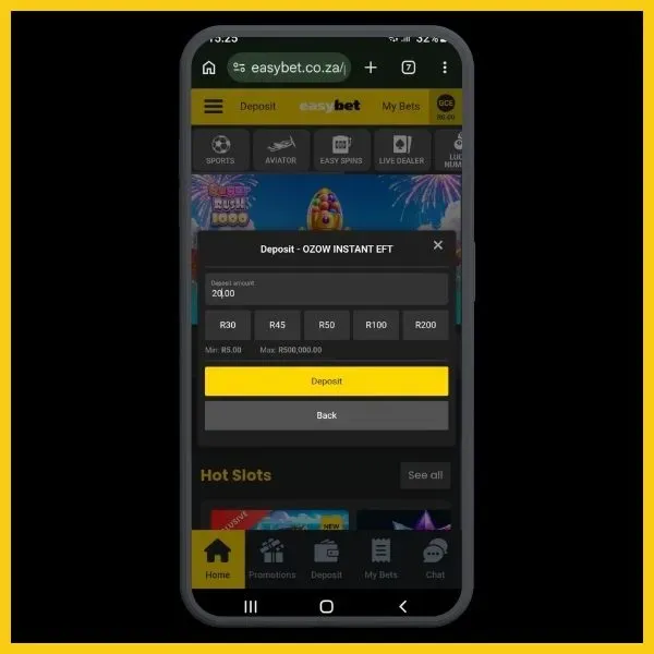 OZOW instant EFT deposit panel on Easybet casino.