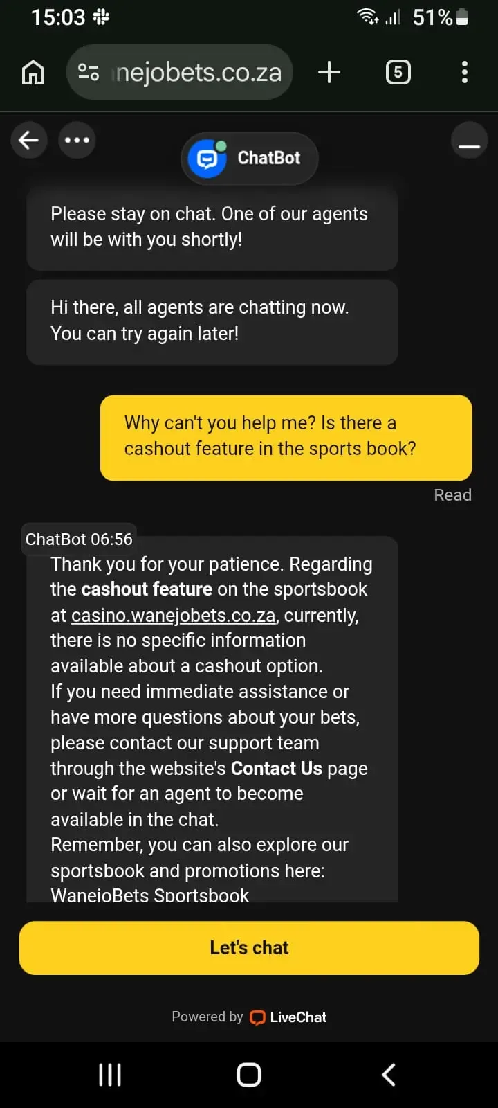 Unsuccessful cashout query on the Wanejobets Live Chat