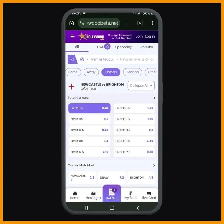 Hollywoodbets screenshot displaying the total over 8.5 corners meaning with a match between Newcastle United and Brighton & Hove Albion.