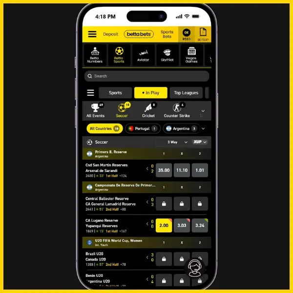 Bettabets sign up bonus live match interface highlighting a 2.00 odds selection for CA Lugano Reserve.