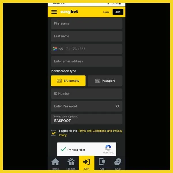 Easybet registration form with EASFOOT promo code entered.