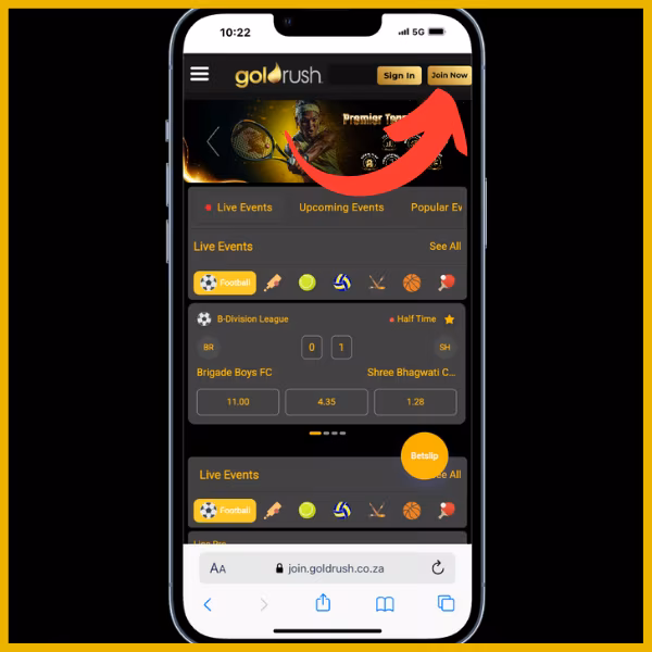 Goldrush official website with a red arrow pointing to "Join Now" button.