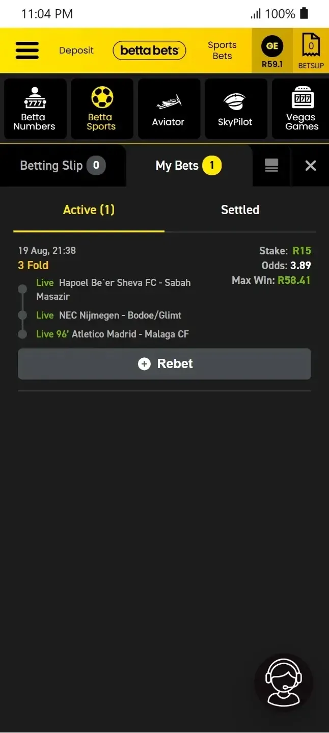 Active 3-fold bet on Bettabets with no option for early cashout