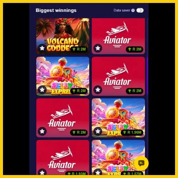 Easybet's biggest winnings column showing top games (9-16): 

Volcano Goddess, Aviator (4x) and Jelly Express (3x)

Sugar Rush 1000, Gates of Olympus, Chest of Cai Shen, Hot Chilli, Aviator (3x) & Jelly Express.