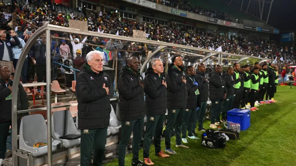 South Africa coach Hugo Broos and his technical bench at the Free State Stadium on June 11, 2024. Photo: Icon Sports