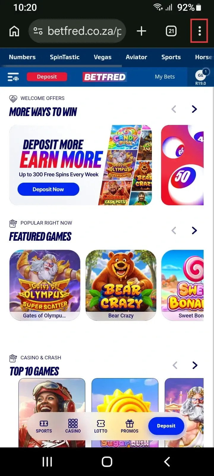Betfred mobile homecreen on Google Chrome.