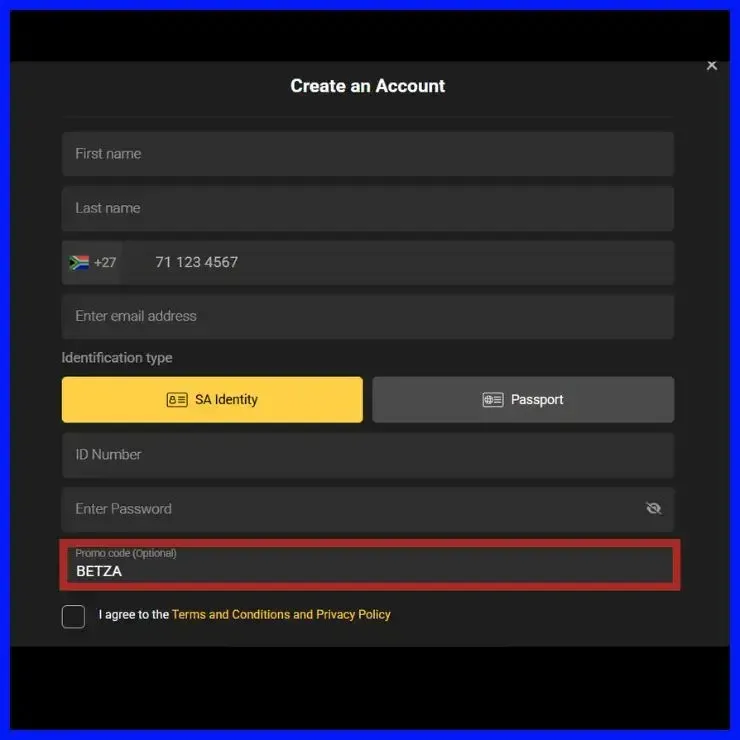 BetXchange sign up form with promo code BETZA highlighted. 