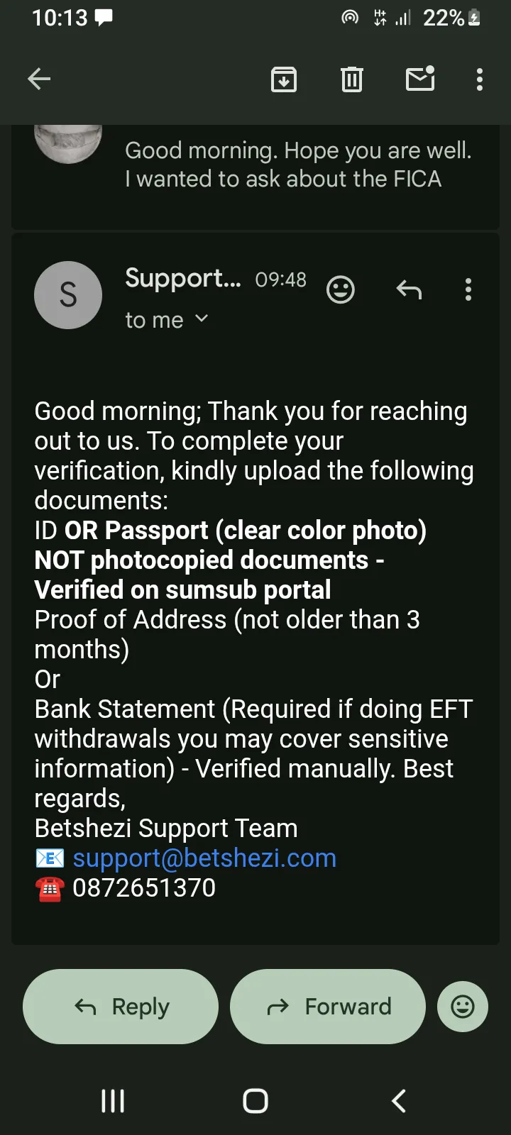 Betshezi Email Screenshot describing FICA process