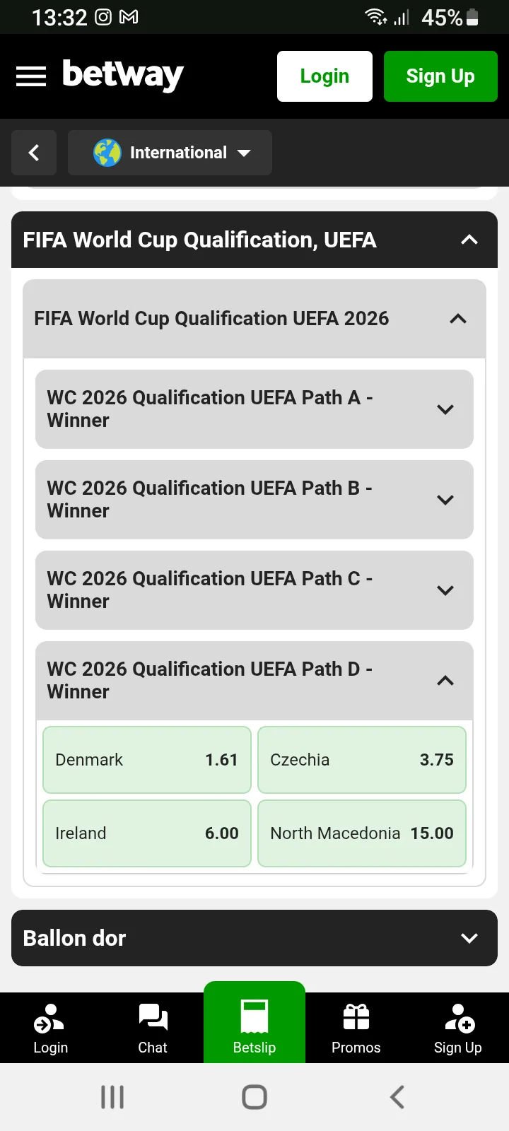 Betway World Cup Qualifier Group D Odds

Shows the following World Cup odds:
- Denmark (1.61)
- Czechia (3.75)
- Ireland (6.00)
- North Macedonia (15.00)