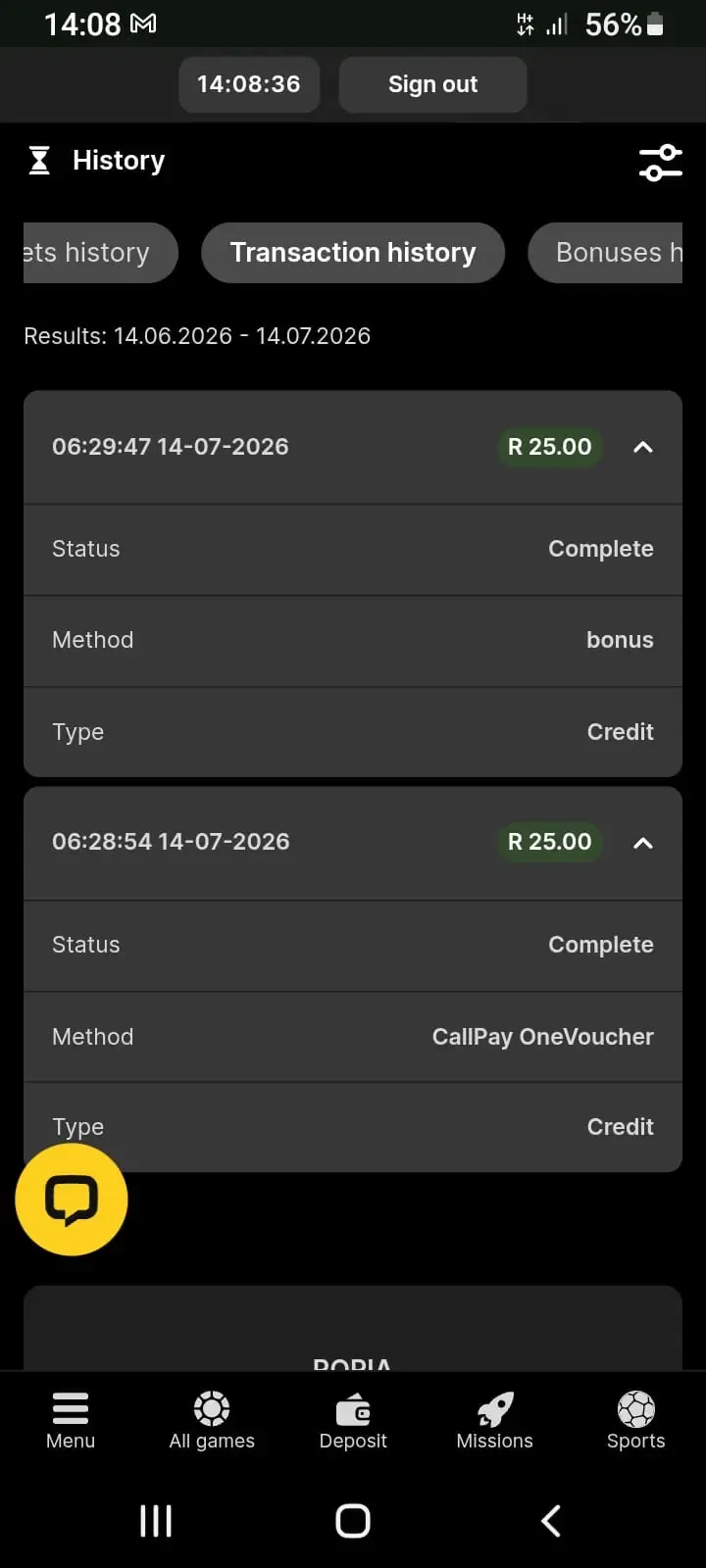 Our transaction history showing 1Voucher deposit of R25 and deposit match bonus of R25 for WanejoBets review South Africa.