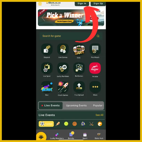 Red arrow pointing to Sign In button on the Gbets app