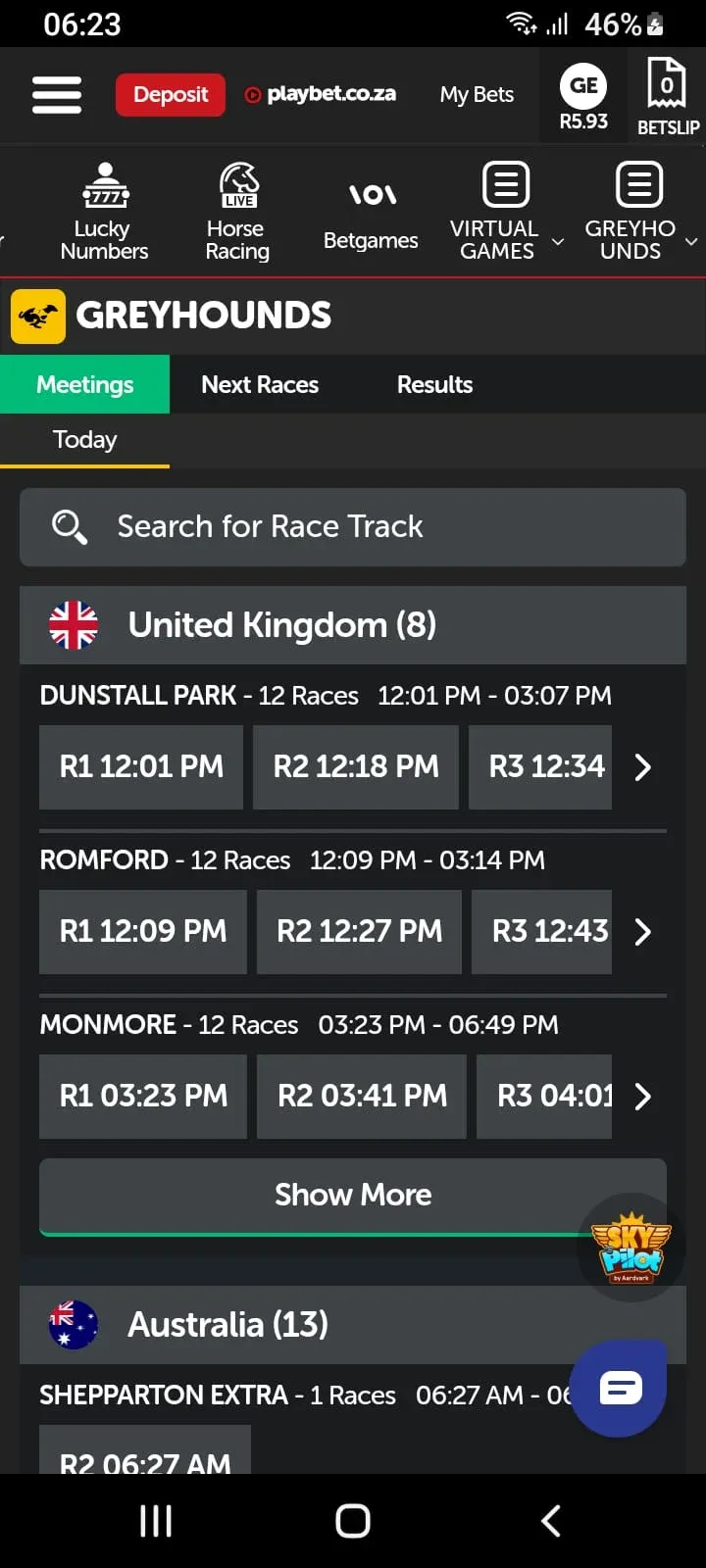 Playbet app Greyhound Racing race cards showing races from Dunstall Park, Romford and Monmore