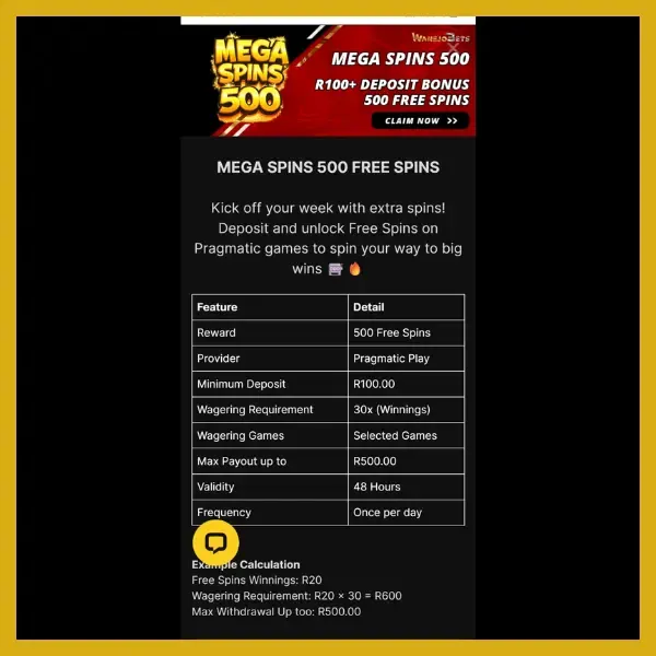 Wanejobets mega spins promotion
