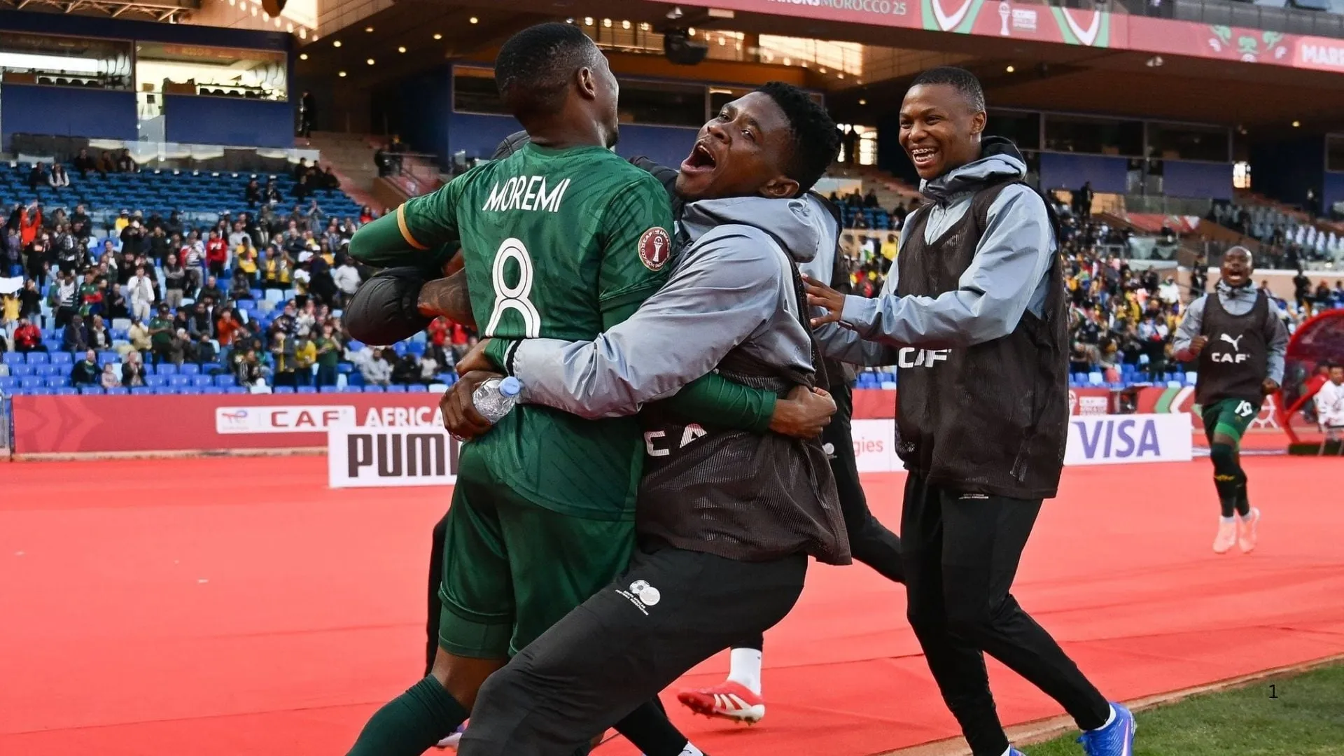 Bafana players celebrate their win over Egypt. Photo &ndash; SAFA