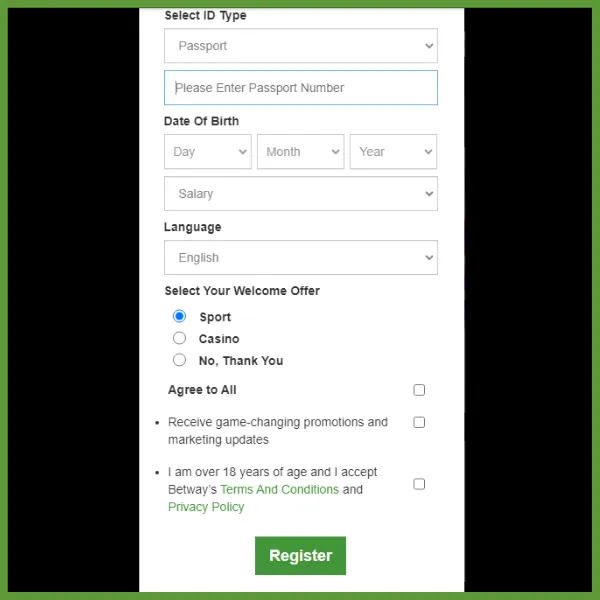 Betway South Africa registration form showing ID fields, welcome offer selection, and an age and consent checkbox for other offers.
