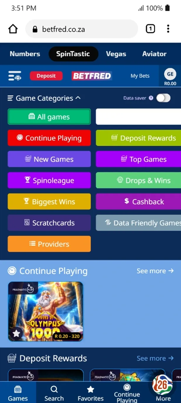 Betfred South Africa SpinTastic section with the Game Categories drop-down menu expanded, showing options for different categories.