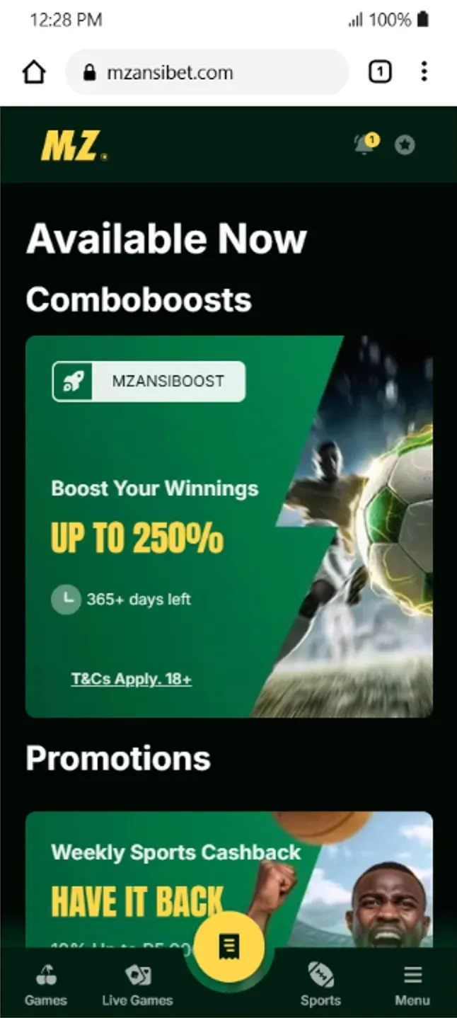 Mzansiboost promotional banner for ACCA boost up to 250%