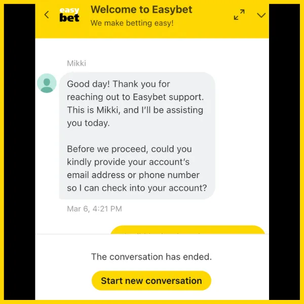 Easybet site interaction with customer support. 