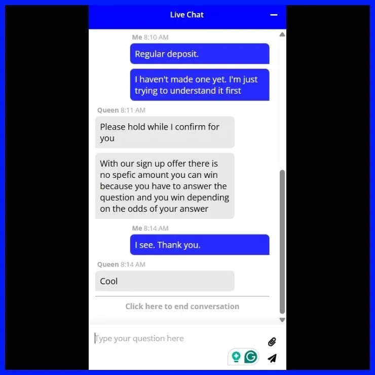 BetXchange Live Chat Test asking about What are the odds, contnued, Clarification given on getting a prize based on your answer to a question.