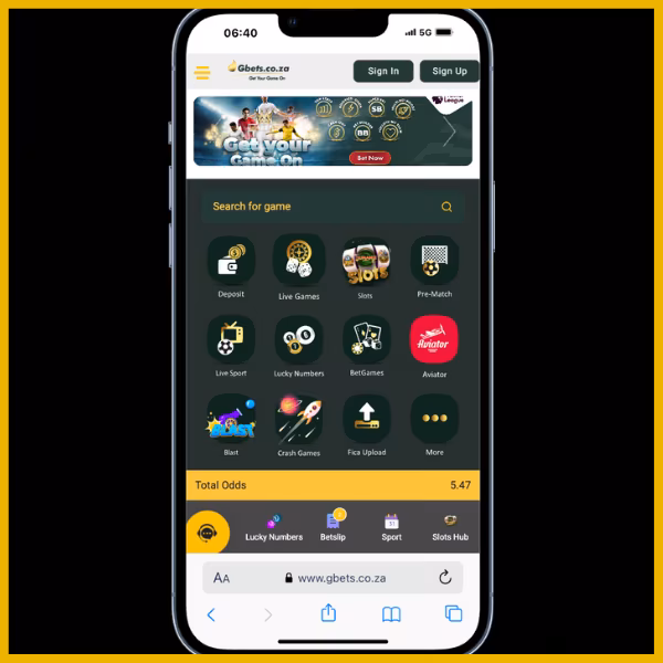 The Gbets home page from an Android device