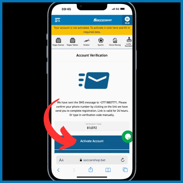 Account verification through sms code - red arrow pointing to verify button