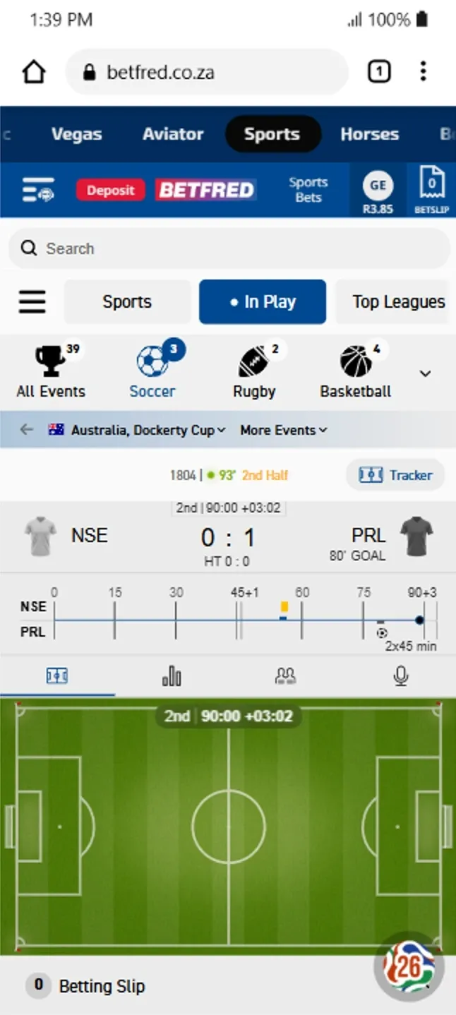 Betfred live betting screen showing the 2D match visualiser for the NSE vs PRL live soccer match.