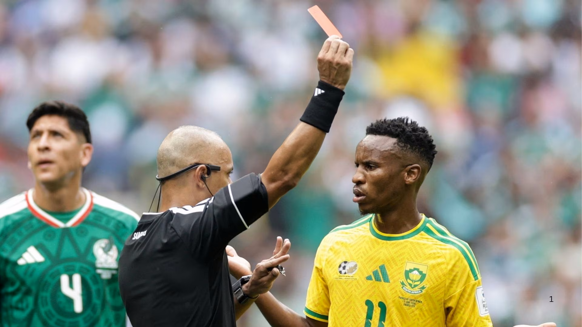 Themba Zwane when he received a straight red card against Mexico.