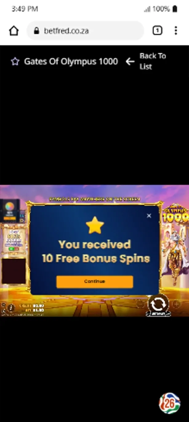 Notification confirming 10 Betfred free spins on Gates of Olympus 1000 after our account registration.