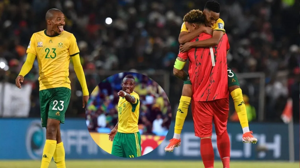 Relebohile Mofokeng and Ronwen Williams after South Africa&rsquo;s World Cup qualifier against Zimbabwe. INSET: Teko Modise. Photo: Icon Sport