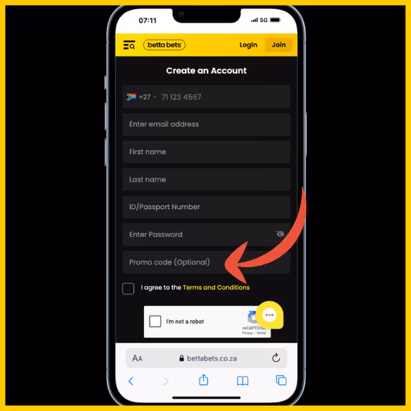 Registration form on Bettabets Create and Account page. Red arrow pointing to Promo Code (Optional) field. 