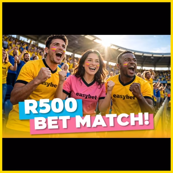 Easybet R500 bet match promotion banner showing happy fans in a football stadium.