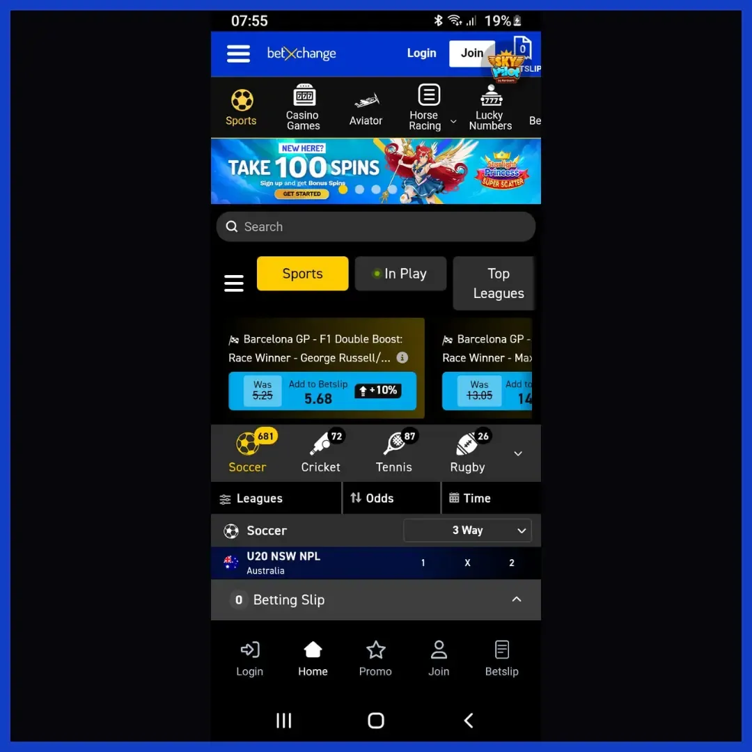 Betxchange Mobile App Homescreen