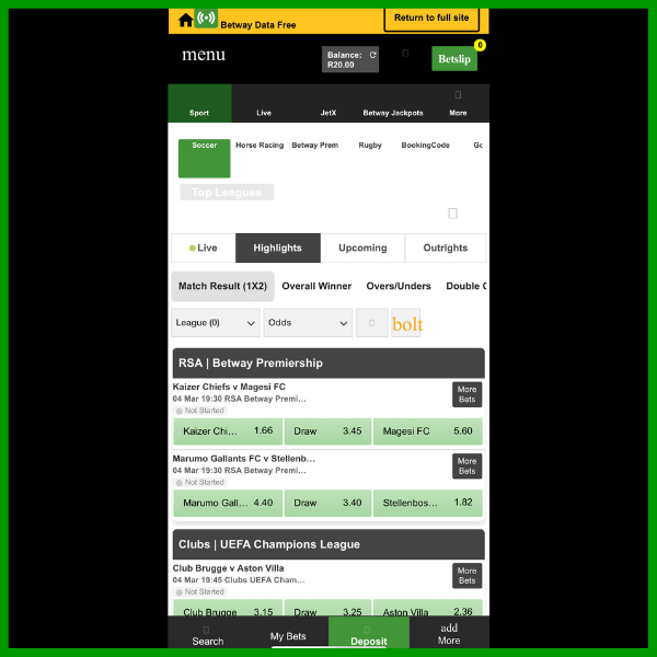 betway app with data free mode activated on betting markets page