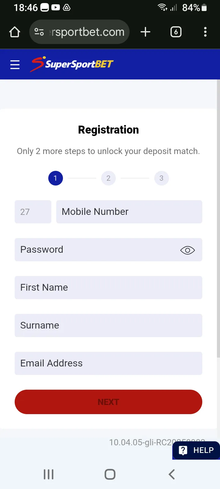 SuperSportBet Registration Step 1