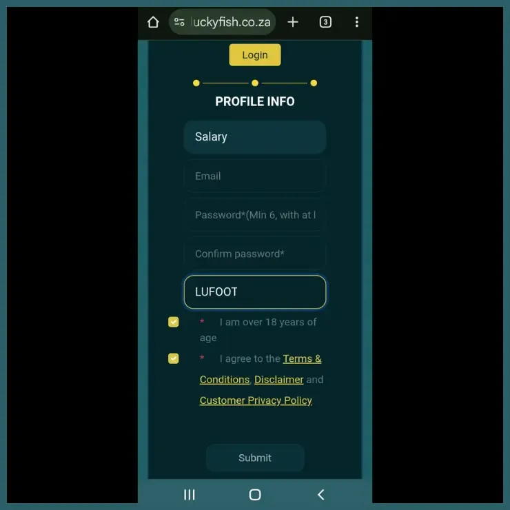 Sign up form with field for the Lucky                                           Fish promo code LUFOOT