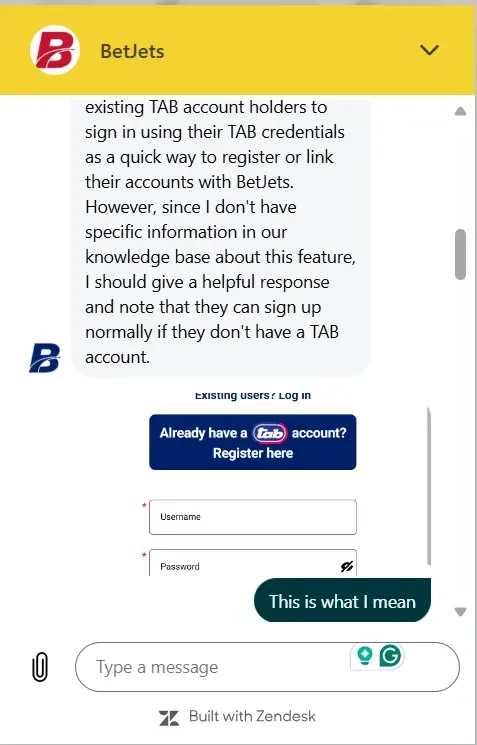 Live Chat with screenshot of Tab logo in the registration page/