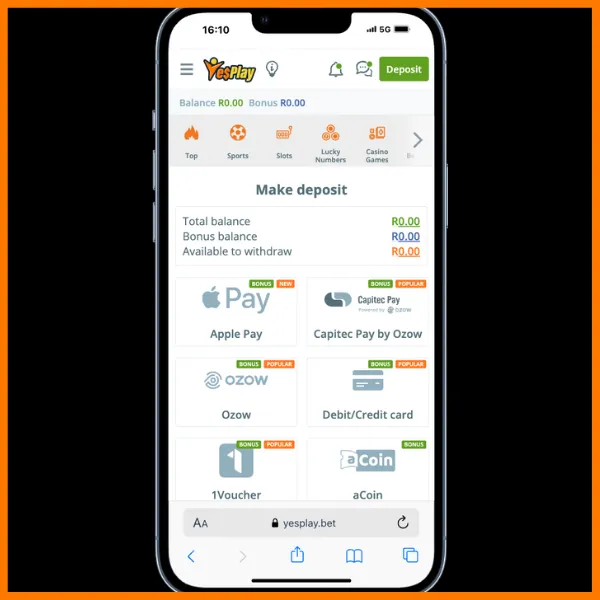 Deposit page on the YesPlay site with different payment methods.